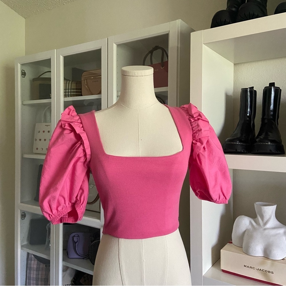 ZARA Summer Hot Pink Puffed Balloon Short Sleeves Poplin Rib Crop Top Size Small - Picture 3 of 8